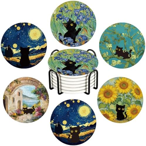Colorful Black Cat Coasters Set of 6 with Holder