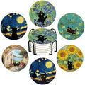 Colorful Black Cat Coasters Set of 6 with Holder