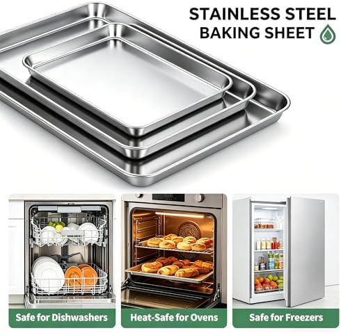 Stainless Steel Cookie Sheets for Baking Set of 3, Stainless Steel