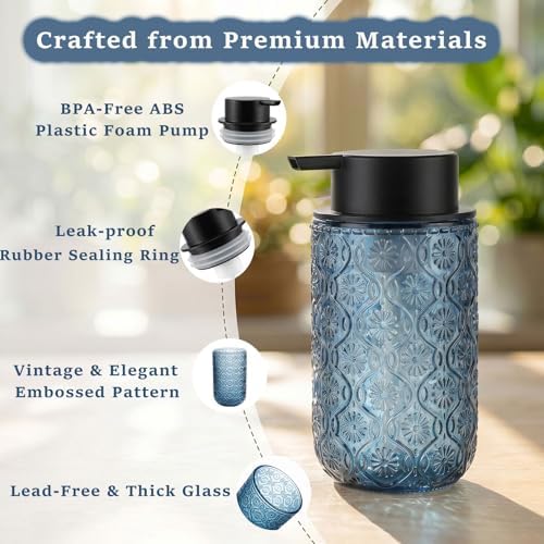 14 OZ Blue Glass Foam Soap Dispenser, 2-Pack Vintage Foaming Soap