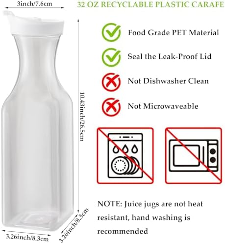 3 Pcs 32 Oz Plastic Water Carafe Pitcher with Flip Top Lid, Square