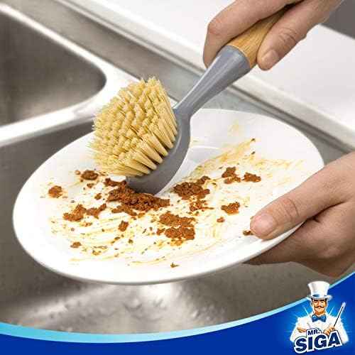 MR.SIGA Dish Brush with Bamboo Handle Built-in Scraper, Pack of 2