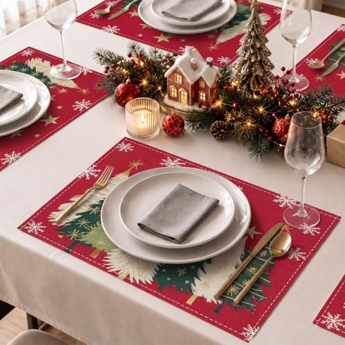 Bloss Christmas Placemats Set of 4, 12x18 Inch Xmas Trees Snowflakes