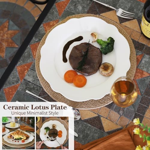 10.5” White Porcelain Large Dinner Plates Leave Wave Rim Set of 8