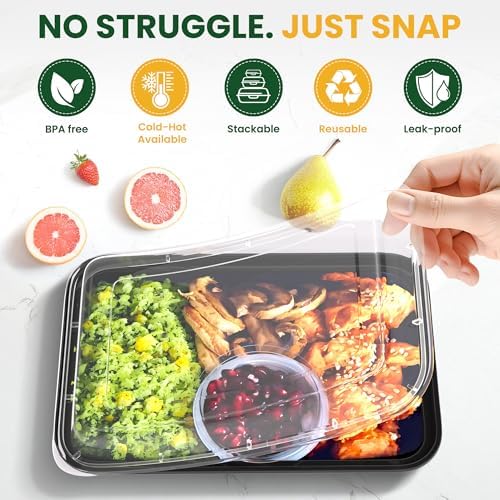 32oz Meal Prep Containers [50-Pack], Reusable Bento Box with Easy-Snap