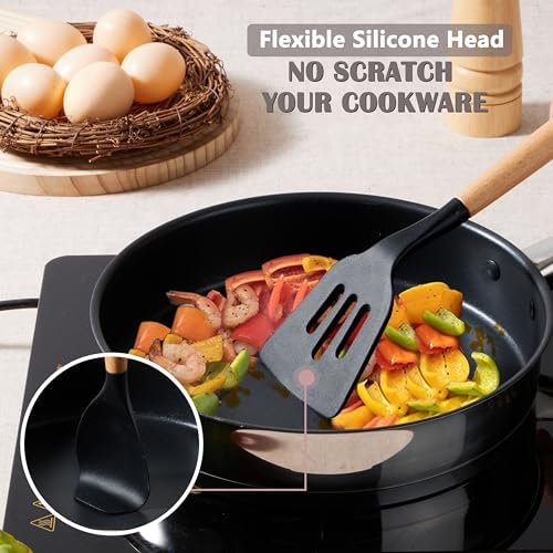 E-far Silicone Cooking Utensils Set, 10-Piece, Wood Handle