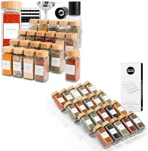 Spice Jars with Labels and Acrylic Spice Drawer Organizer Bundle, 24