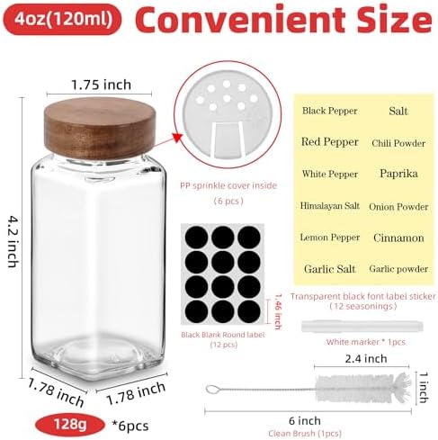 6Pcs 4 oz Square Glass Spice Jars with Label, Empty Spice Containers