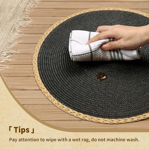 Round Placemats Set of 6, Woven Table Mats, Thin Edge, Black