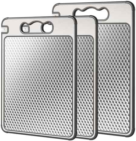 3Pcs Cutting Board Set for Kitchen, 16"*11"(1pack)&14.4"*9.8"(2pack), Double Sided 304 Stainless Steel & Wheat Straw, Scratch Resistant Mesh Design, Non Toxic Chopping Board for Meat, Dishwasher Safe