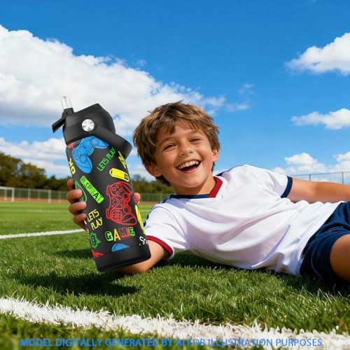Boys Game Water Bottle for School,Kids 18 oz Insulated Stainless Steel