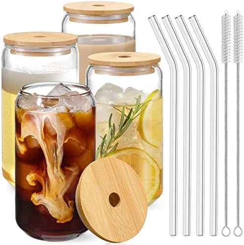 Drinking Glasses with Bamboo Lids and Glass Straw 4pcs Set - 16oz