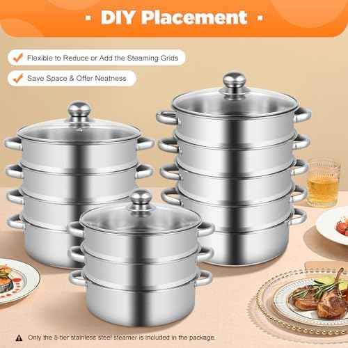 5-Tier Stainless Steel Steamer, Steamer Pot Meat Vegetable Cooking Steam Pot with Glass Lid Food-Grade Stainless Steel Food Cookware Pot for Dumplings and Vegetables Home Kitchen (Silver B 10inch)