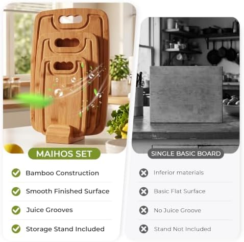 Bamboo Cutting Board Set of 3 with Stand, Juice Grooves, Handles