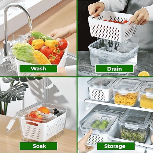 Fruit Storage Containers for Fridge, 4 Pieces, Removable Colander