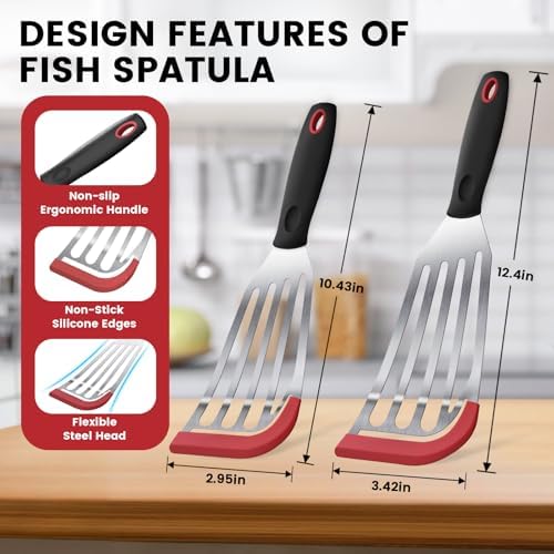 2Pcs Fish Spatula, Heat Resistant Silicone Edge for Nonstick Cookware