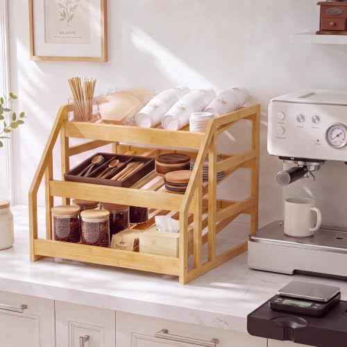 HOMESTEAD Bamboo Can Organizer for Pantry - 3 Tier Rack with Adjustable Dividers, Gravity Feed Canned Goods Organizer, 36 Cans Soda Storage