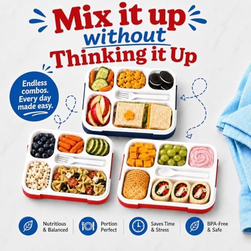 kinsho Bento Lunch Box Containers for Kids, Set of 2 (Red & Navy Blue)