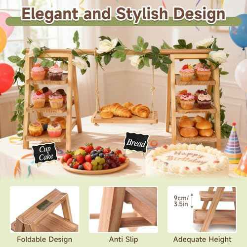 Wooden Cupcake Stand, Foldable 3 Tier Cupcake Display Stand, Walnut