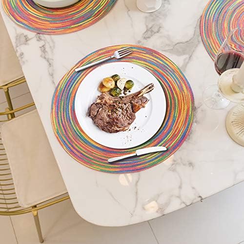 DOZZZ Round Braided Placemats Set of 6, 15 in Colorful Table Mats for