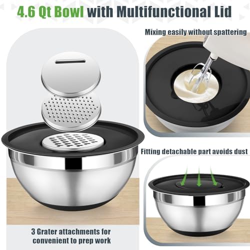 P&P CHEF Mixing Bowls with Lid Set, Nesting Bowl for Storing, Black