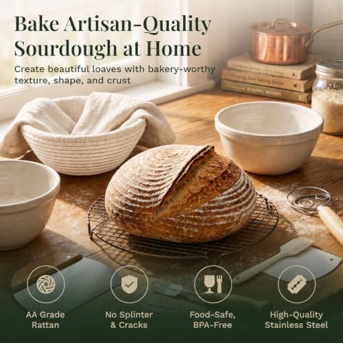 Sourdough Starter Kit, 9" Round Banneton Bread Proofing Basket Set