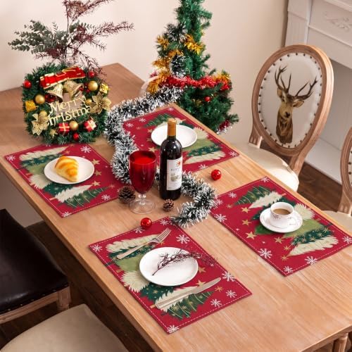 Bloss Christmas Placemats Set of 4, 12x18 Inch Xmas Trees Snowflakes