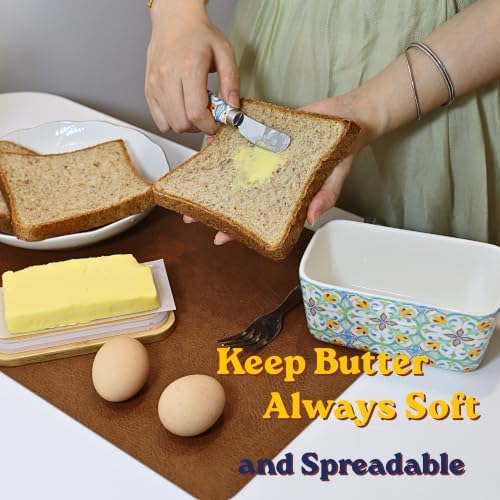 Butter Dish with Lid for Countertop 16oz, Ceramic, with Boho Knife