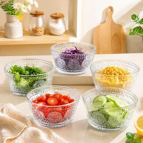 6 Pack Small Glass Bowls Set, 12 Oz Embossed Prep Dessert Bowls