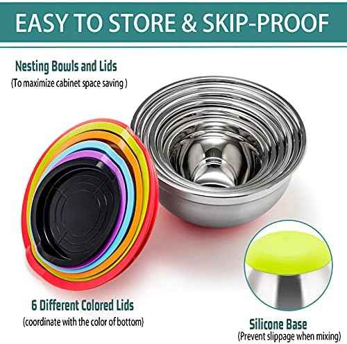 P&P CHEF Stainless Steel Mixing Bowls With Lids, Set of 6, Multicolor