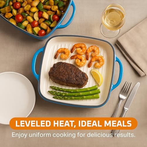 Bruntmor 2-in-1 Square Dutch Oven with Grill Pan, Whale Blue