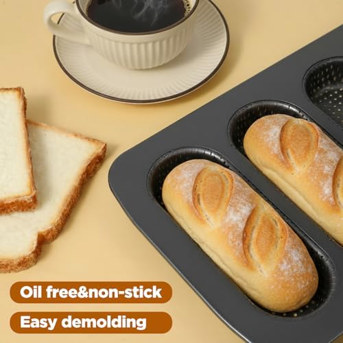 2 Pcs Hot Dog Bun Pan, 4 Cavity Perforated Carbon Steel Bread Loaf