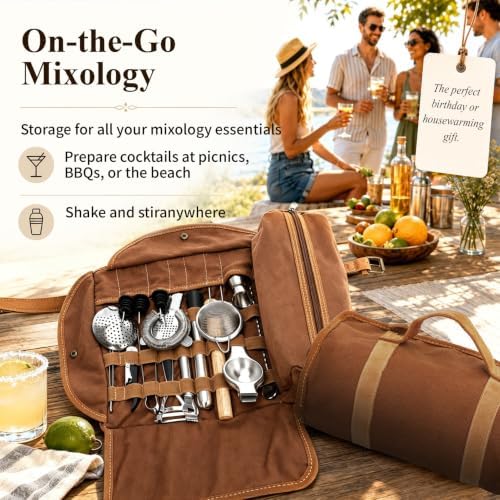 Portable Bartender Kit with Canvas Roll-Up Bag, Complete Cocktail
