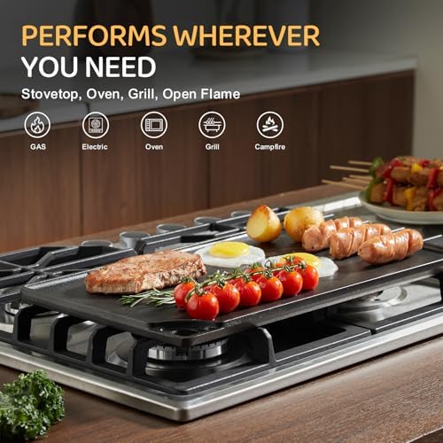 EWFEN Reversible Grill/Griddle, 16.7x9.5'' Pre-Seasoned Cast Iron Griddle Pan, Double Burner Cookware, Rectangular Stovetop Griddle with Handles, Flat Top Plate for Oven, Grill & Campfire