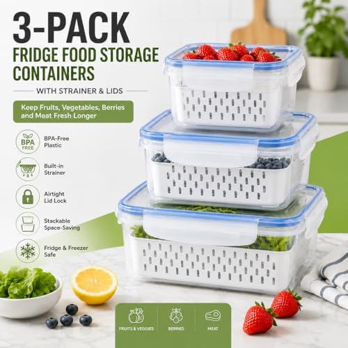 3-Pack Produce Keeper Containers with Strainers & Lids, Fruit and