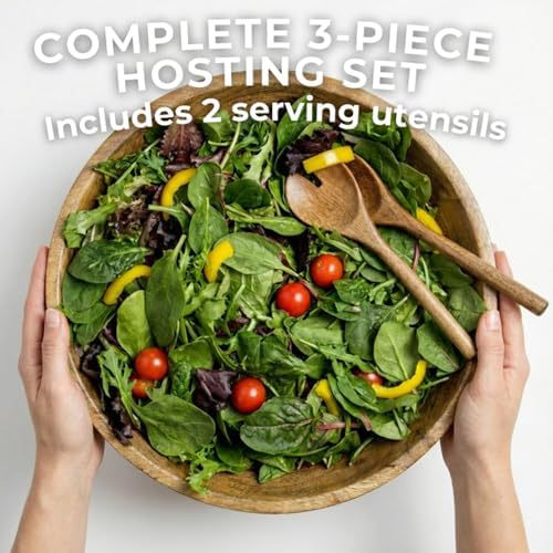 Extra Large Wooden Salad Bowl 15" with Serving Utensils - Large Wood