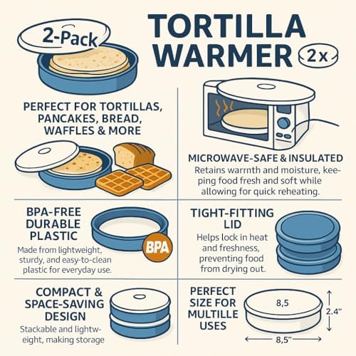 2-Pack Tortilla Warmer with Lid, 8.5 Inch BPA-Free Microwave Safe