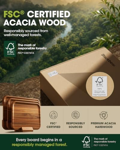 Acacia Wood Cutting Board Set of 3 with Stand, Non Toxic