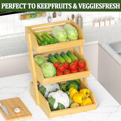 Bamboo 3 Tier Fruit Basket, Ventilated Countertop Kitchen Storage, Holds Fruits, Vegetables & Snacks, Sturdy Wooden Organizer, Simple Assembly