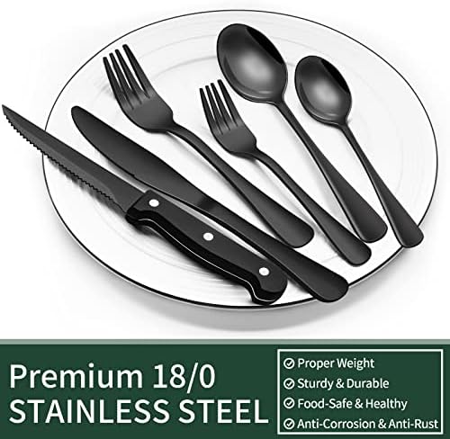 EWFEN 24-Piece Black Silverware Set with Steak Knives, Black Flatware