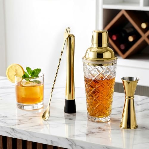 WUWEOT 4 Pcs Cocktail Shaker Set, Glass Gold Bartender Kit