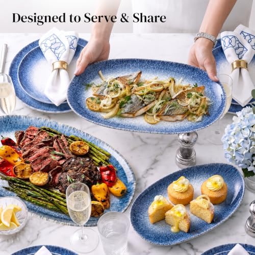 DOWAN Ceramic Serving Platters Set of 3 - Oval, Blue-to-White Ombre