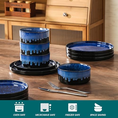 vancasso Starry Plates and Bowls Sets,12 Pieces Blue Dinnerware Sets