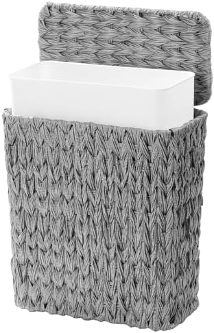 Coeusy Small Wicker Bathroom Trash Can with Lid, Grey