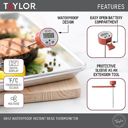 Taylor Waterproof Digital Instant Read Thermometer, Red