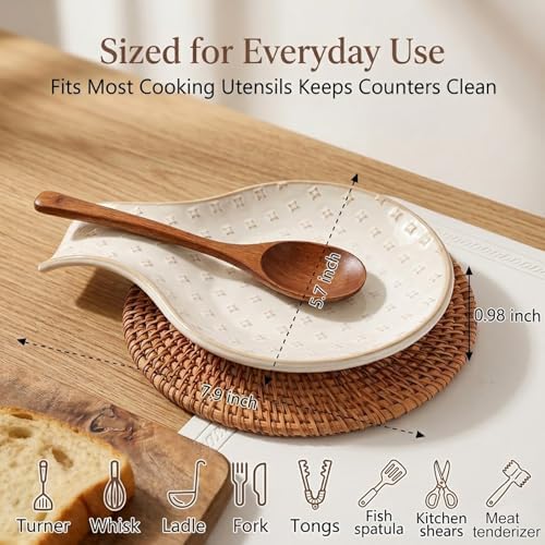 Ceramic Spoon Rest for Stove Top, Farmhouse Cooking Spoon Holder for