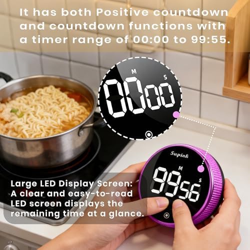 Digital Twist Kitchen Timer, Large LED Display, Black+Purple