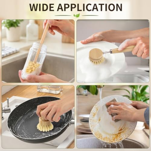 6 Pack Bamboo Dish Brush Set, Natural Dish Brush with Long Handle