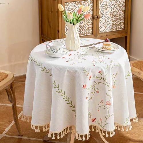 Alsoo Round Linen Tablecloth 55", Farmhouse Table Cloth with Pink