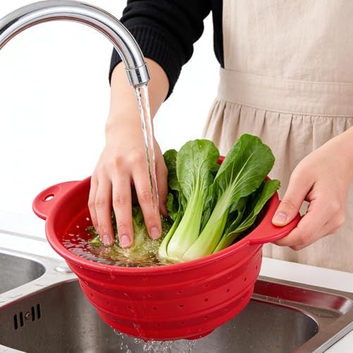 Silicone Collapsible Colander, Food Safe Kitchen Strainer with Handle